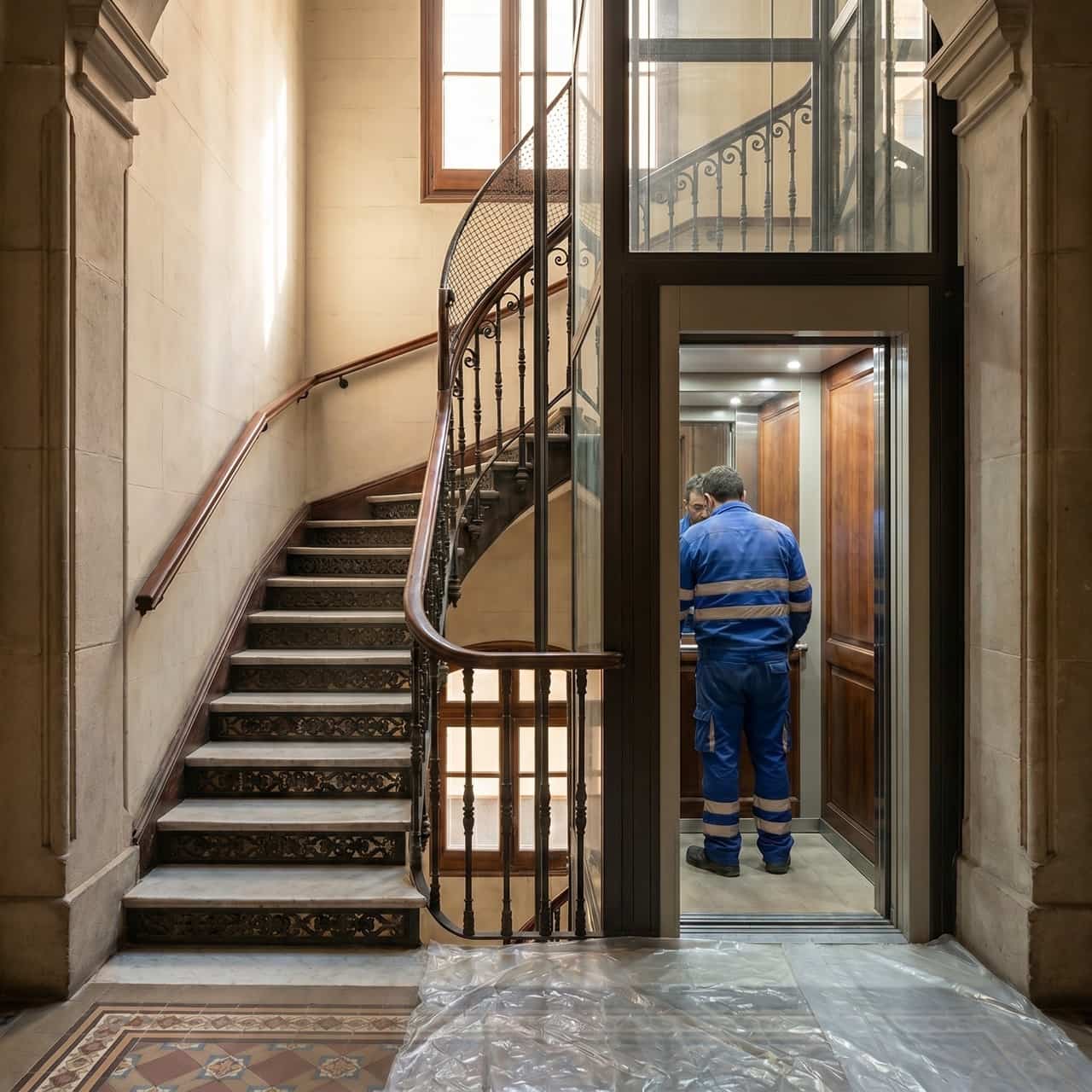 Instal·lació d’un ascensor nou al portal d’una finca antiga de Barcelona