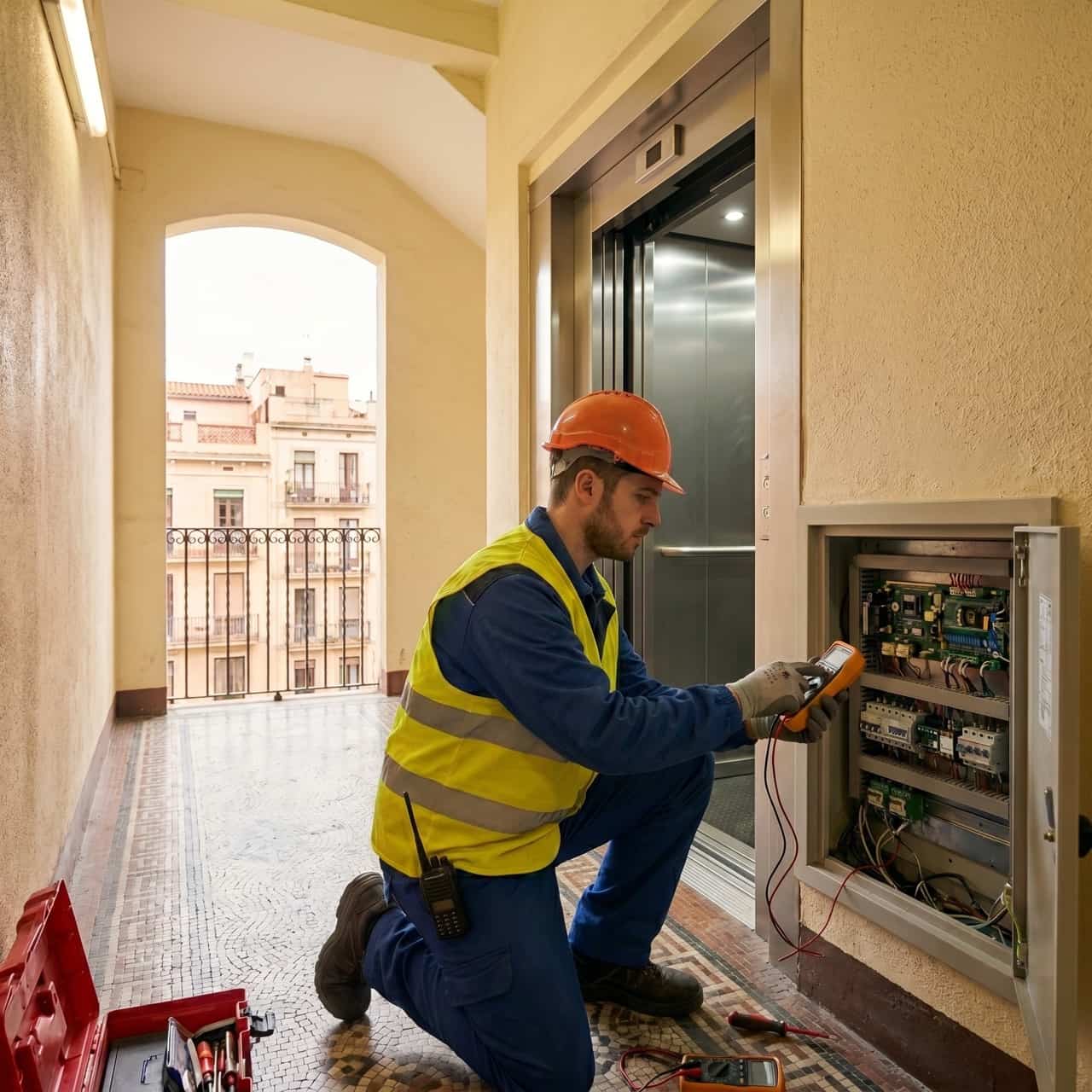 Cuadro de maniobra de un ascensor durante una revisión de mantenimiento en un edificio residencial de Barcelona